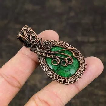 Emerald Natural Gemstone Handmade Copper Wire Wrap Pendant 2.25 Z2C19