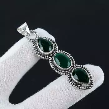 Изумрудный кулон, серебро 925 пробы, кулон с тремя зелеными драгоценными камнями, изумрудный драгоценный камень, подарки ручной работы, украшения ручной работы для подарков для нее 2,55 зелёный