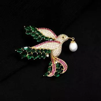 Emerald premium freshwater pearl brooch high-end luxury zircon crystal brooch suit coat accessories pin