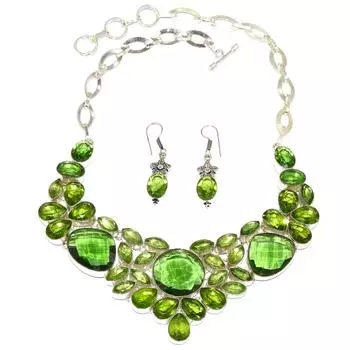 Ювелирные изделия из изумрудного кварца и перидота, ожерелье, серьги, 16-18 дюймов