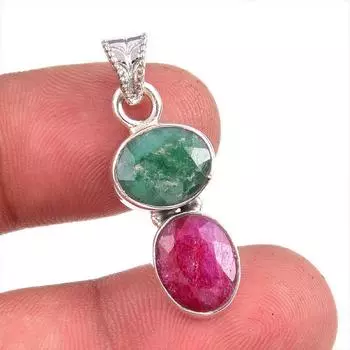 Emerald,Ruby(Simulated) Gemstone Handmade 925 Sterling Silver Pendant 1.5 b2y46