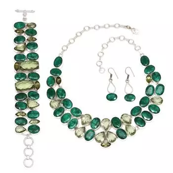 Изумрудный сапфир зеленый аметист кварц ручная работа ювелирное ожерелье и комплект 18-20