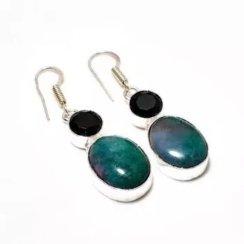 Изумруд(Смоделированный), Серьги с покрытием из серебра 925 пробы, черная шпинель, 1,70 дюйма