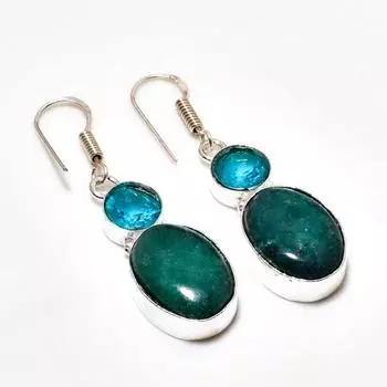 Изумруд(Смоделированный), Серьги с серебряным покрытием 925 пробы, голубой топаз, 1,70 дюйма