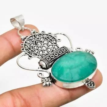 Изумруд(Смоделированный) Ювелирный кулон с драгоценным камнем 925, посеребренный, 2,65 дюйма 2.65 зелёный