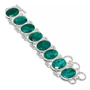 Emerald(Simulated) Gemstone Handmade 925 Sterling Silver Bracelet 7-8 f1N93
