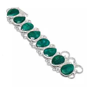 Emerald(Simulated) Gemstone Handmade 925 Sterling Silver Bracelet 7-8 S4l22