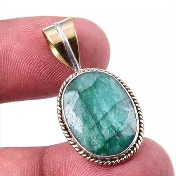 Emerald(Simulated) Handmade 925 Sterling Silver Gift Two Tone Pendant 1.25 k2T89