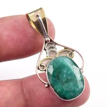 Emerald(Simulated) Handmade 925 Sterling Silver Gift Two Tone Pendant 1.50 i2h55