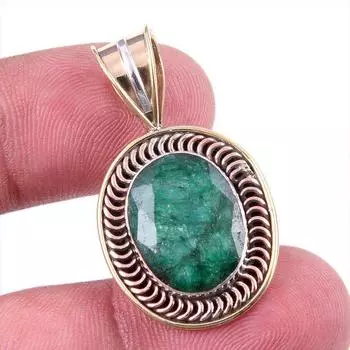 Emerald(Simulated) Handmade 925 Sterling Silver Gift Two Tone Pendant 1.25 Z2j42