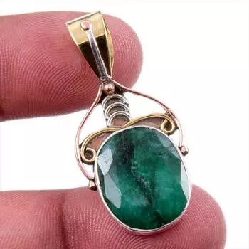 Emerald(Simulated) Handmade 925 Sterling Silver Gift Two Tone Pendant 1.75 D6a73