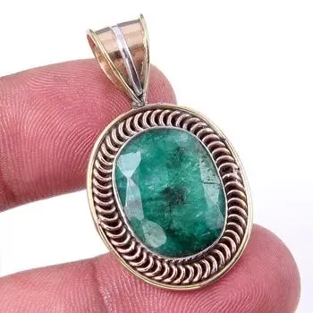 Emerald(Simulated) Handmade 925 Sterling Silver Gift Two Tone Pendant 1.50 H3M20
