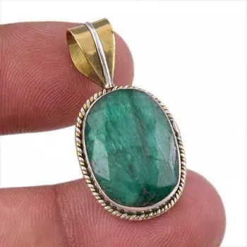 Emerald(Simulated) Handmade 925 Sterling Silver Gift Two Tone Pendant 1.50 H2F42