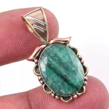 Emerald(Simulated) Handmade 925 Sterling Silver Gift Two Tone Pendant 1.25 L0m91