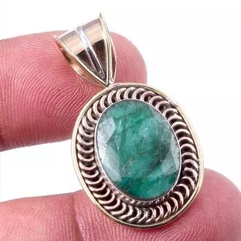 Emerald(Simulated) Handmade 925 Sterling Silver Gift Two Tone Pendant 1.25 W3Q66
