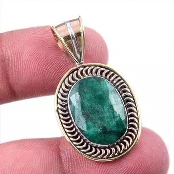 Emerald(Simulated) Handmade 925 Sterling Silver Gift Two Tone Pendant 1.50 k0J24