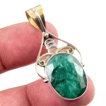 Emerald(Simulated) Handmade 925 Sterling Silver Gift Two Tone Pendant 1.50 l1h11