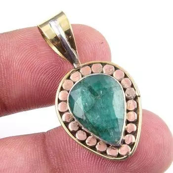 Emerald(Simulated) Handmade 925 Sterling Silver Gift Two Tone Pendant 1.25 r1N08