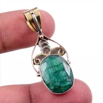 Emerald(Simulated) Handmade 925 Sterling Silver Gift Two Tone Pendant 1.5 l2e90