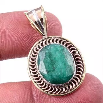 Emerald(Simulated) Handmade 925 Sterling Silver Gift Two Tone Pendant 1.25 p5O43