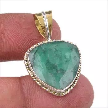 Emerald(Simulated) Handmade 925 Sterling Silver Gift Two Tone Pendant 1.50 g8Q41