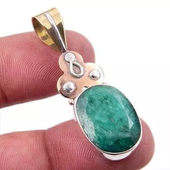 Emerald(Simulated) Handmade 925 Sterling Silver Gift Two Tone Pendant 1.75 F8t34