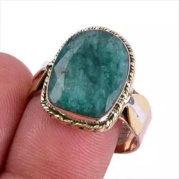 Emerald(Simulated) Handmade 925 Sterling Silver Jewelry Two Tone Ring S.10 q3F55