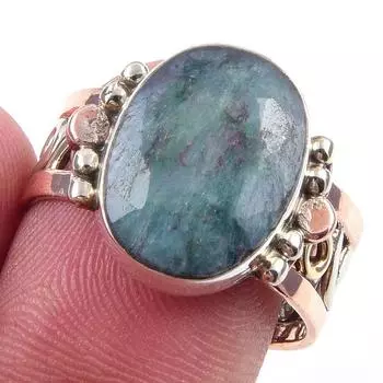 Emerald(Simulated) Handmade 925 Sterling Silver Jewelry Two Tone Ring S.9 J1w89