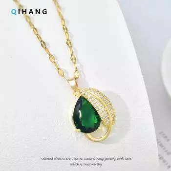 Emerald Water Drop Necklace Ethnic Style Light Luxury Retro Micro-Inlaid Zircon Pendant Women S Collarbone Chain Jewelry