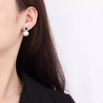 Emerald zircon pearl silver needle earrings imitation natural freshwater pearl stud earrings pendant pearl stud earrings 12mm