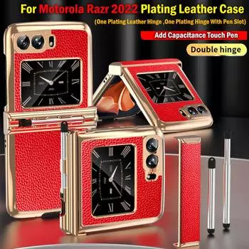 Емкостная сенсорная ручка для Motorola Razr 2022, чехол с двойным шарниром и гнездом для ручки для Motorola Razr 3 2022, кожаный шарнир с покрытием, чехол For Moto Razr 3 белый