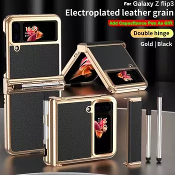 Емкостный чехол для Samsung Z Flip 3 с двойным шарниром и держателем для сенсорного пера, чехол для Galaxy Z Flip3 5 г, кожаный чехол с покрытием Case Add Touch Pen
