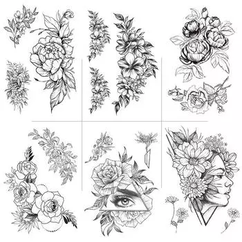 Emmy Waterproof Tattoo Sticker Black Hand-Painted Plain Flower Set Tattoo Sample Water Transfer Tattoo Sticker 148*210MM
