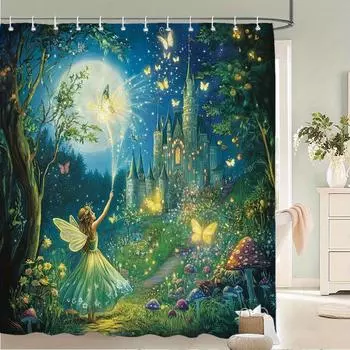 Enchanted Fairy Castle Waterproof Mildew-Resistant Shower Curtain -Magical Forest Design for a Fantasy Bathroom Dcor Experience W90XH180cm