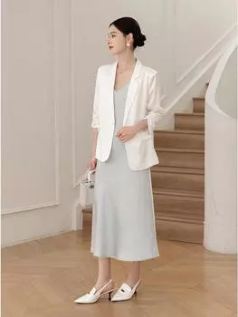 Endi Acetate Satin Seven-Sleeve Blazer - Spring/Summer 2025 High-End Versatile Solid Color Women s Jacket Extra Large