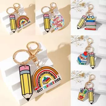 English Letter Pencil Rainbow Keychain Geometric Shape Teacher Education Pendant Thanksgiving Gift Style 3