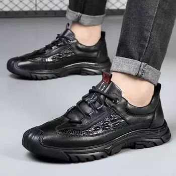 English Style Thick Sole Casual Leather Shoes for Men Sport Running Shoes Sneakers Platform Lace Up Black Non-slip Casual Shoes 38 чёрный