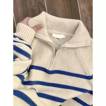 Енот Бархат Синие Полоски Поло на Полумолнии Лацкан Верхняя Одежда Свитер Осень и Зима Женская Вязаная Внутренняя Базовая Футболка Топы Apricot S