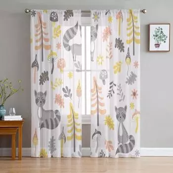 Енот в лесу Тюль Прозрачные оконные шторы для гостиной Спальня Современные шифоновые вуали Органза Шторы Декор Драпировки 135W x 114H(cm)