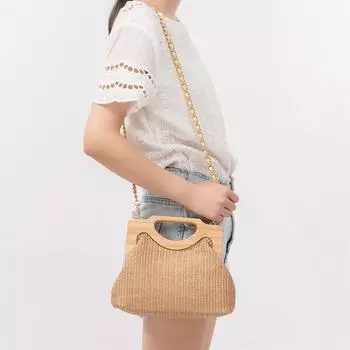 ENSPT Деревянная ручка Плетеная соломенная пляжная сумка через плечо для женщин 26x8x20 cm