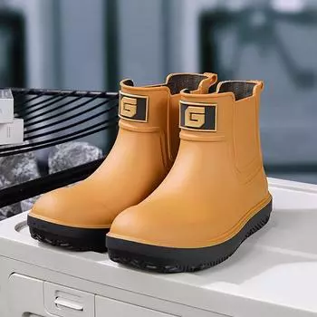 Environmentally friendly materials New men s rain shoes Short tube trendy waterproof shoes Platform rubber shoes Women s lightweight overshoes 36 бежевый