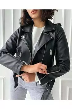 EPeddler Женская одежда Черная кожаная куртка на молнии с поясом