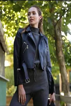 EPeddler Женская одежда с поясом, на молнии, куртка из искусственной кожи, черная