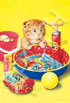 EPOCH 300 Piece Jigsaw Puzzle Makoto Muramatsu - Kitten Playing in the Water (26x38cm) with glue, spatula, score ticket