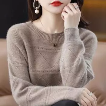 Erdos City New Arrival 2024 Cut Out Woolen Sweater Women s Autumn and Winter round Neck Loose Knitting Sweater Bottoming Shirt Camel color Size L Recommendation 110-62.50kg