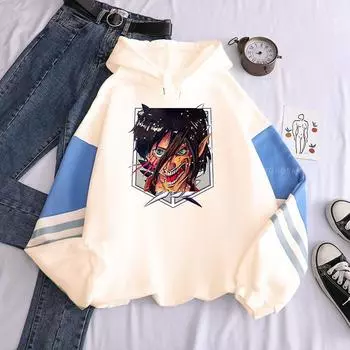 Eren Yeager Attack On Titan Anime Sweatshirts Women Harajuku Funny Of The Founding Titan Print Winter Streets Patchwork Hoodies XS белый