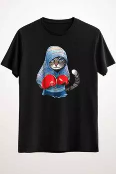 Erkek Siyah Cat In Boxing Suit T-shirt - Ds1377