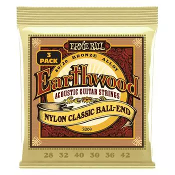 ERNIE BALL 3069 струны для классической гитары EARTHWOOD FOLK CLEAR GOLD BALL BRONZE 3 комплекта [подлинные] (28-42) НЕЙЛОН, И КОНЕЦ, 80/20