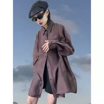 Erold 2025 Summer New Arrival Shirt Women Tencel Draping Effect Slightly Breathable Plaid Cool Loose Sun Protection Top Coffee All yards