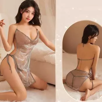 Erotic lingerie Transparent nightclub bright silk hollowed out backless suspender skirt open crotch sexy boat outfit prostitute One Size